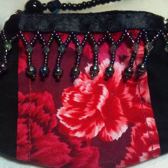 Miniature fabric purse, fringe, beads, wearable art, perfect for holiday gift - Picture 1 of 14